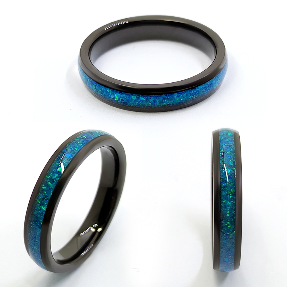 Truegold Blue and Green Opal Inlaid Black Tungsten Ring