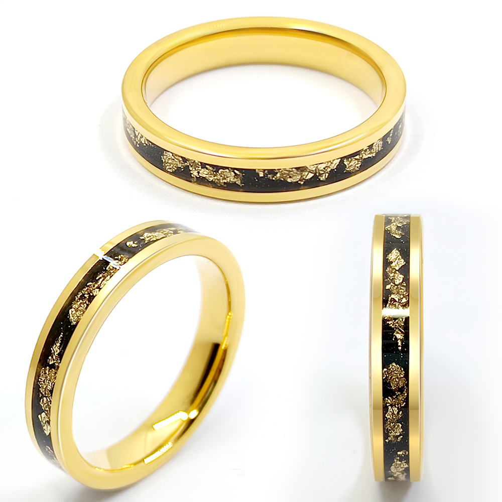 Truegold Gold Leaf and Black Sand Inlaid Tungsten Ring