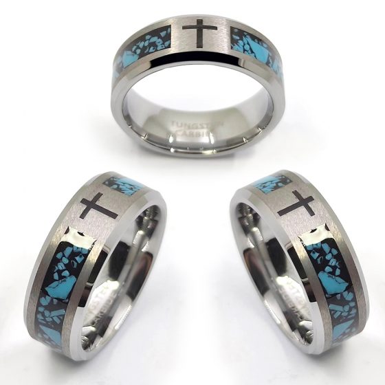 Truegold Engraving Cross Tungsten Ring with Turquoise Inlaid
