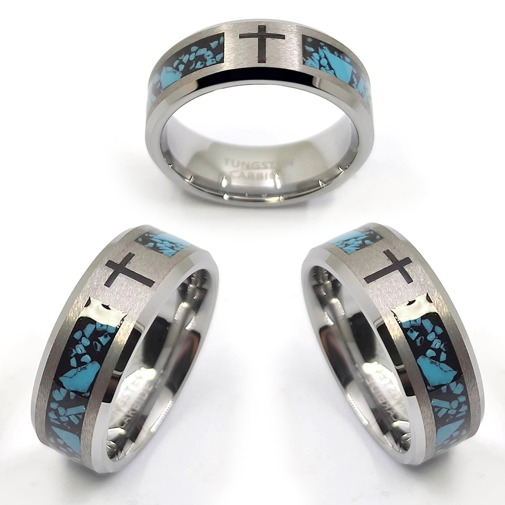 Truegold Engraving Cross Tungsten Ring with Turquoise Inlaid