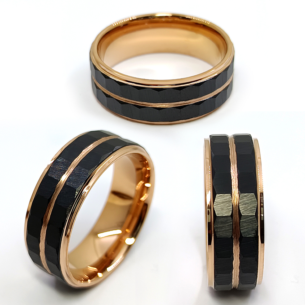 Truegold Hexagonal Pattern Black and Rose Gold Tungsten Ring