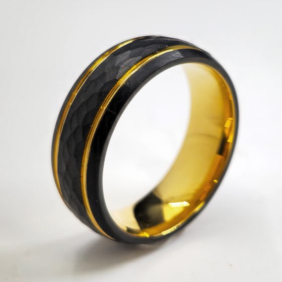 Truegold Double Gold Line Hammered Pattern Tungsten Ring