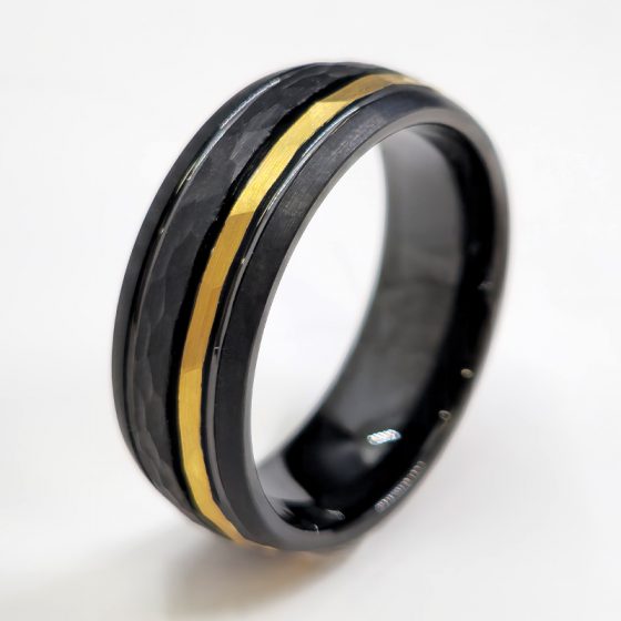 Truegold Triple Line Black and Gold Hammered Pattern Brush Bevel Tungsten Ring