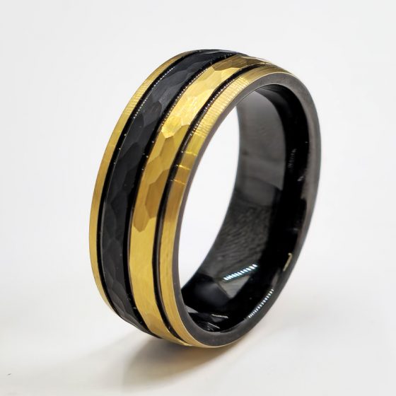 Trurgold Two-Tone Plating Hammered Pattern Triple Line Tungsten Ring