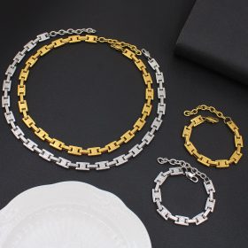 Truegold Stainless Steel Bark Pattern H-Shaped Necklace and Bracelet Set